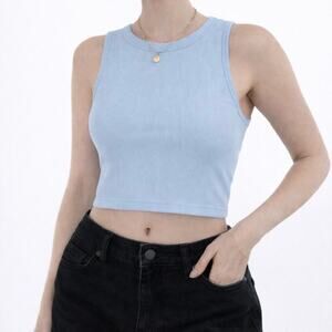Women’s  Light Blue Ribbed Cut-Out Back Tie Crop Top Size Small